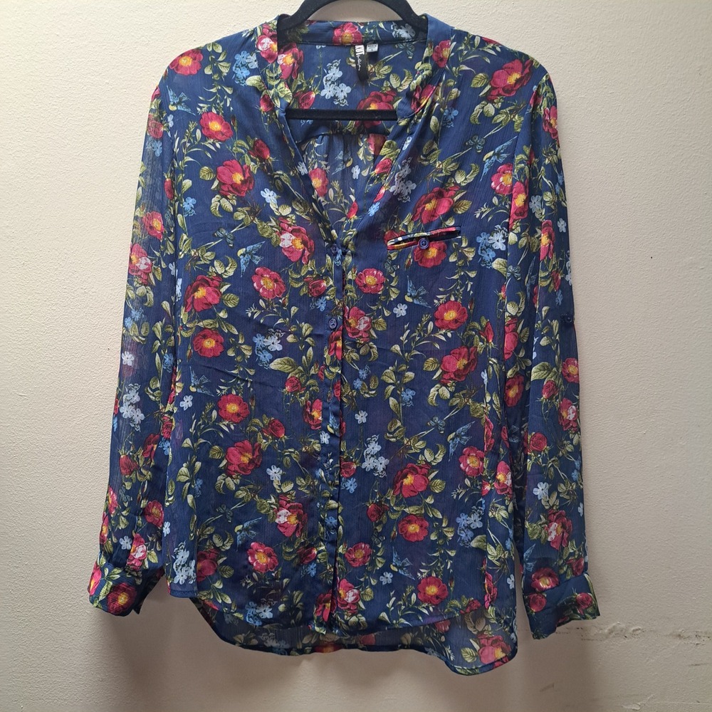 KUT from the Kloth Navy Floral Bird Chiffon Roll Tab Blouse Small 5T10126
